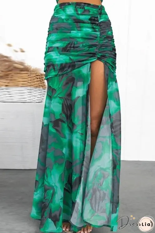 Ruched Crop Cami Top High Slit Maxi Skirt Printed Set