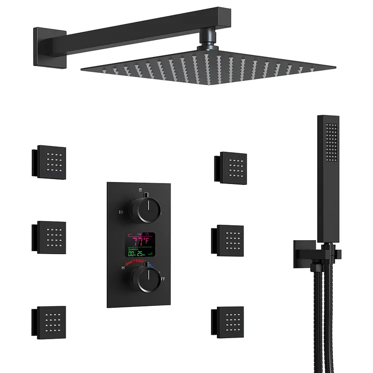 EVERSTEIN 12" Temperature Rain Shower System with LCD Display Matte Black