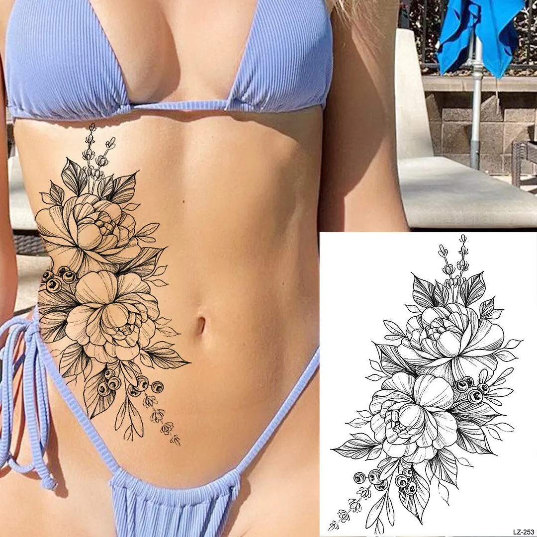 Sdrawing Peony Flower Temporary Tattoos For Women Adults Realistic Compass Moon Pendant Fake Tattoo Sticker Arm Body Tatoos