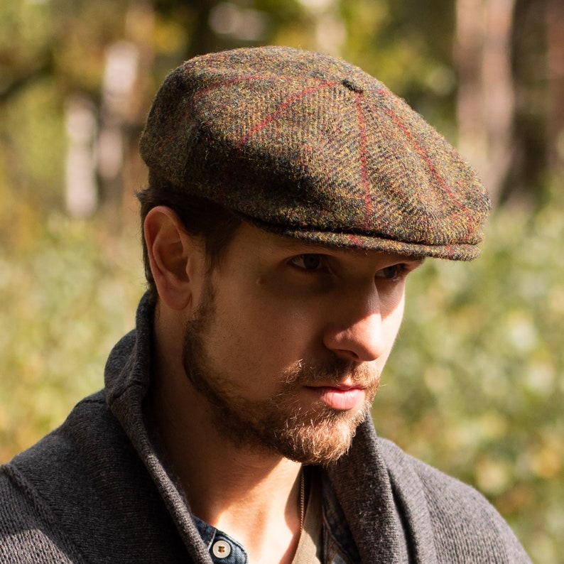 SHELBY Harris Tweed Genuine Scottish 8 Panels Newsboy PEAKED  Cap Applejack Bandit Hooligan Vintage Gangster Wool Fall Hat GREEN-RED
