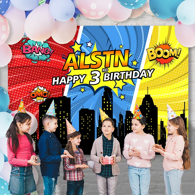 Personalized Birthday Party Superhero Backdrop with Special Name and Event Date