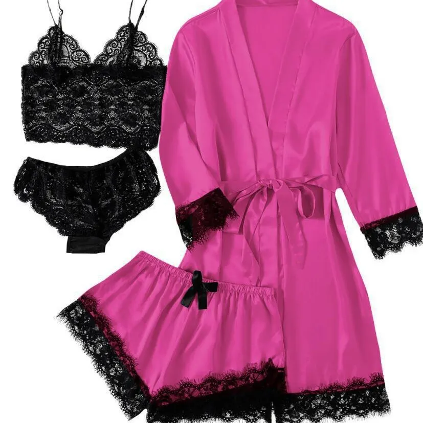 Churchf 2021 New Ladies Pajamas Four-Piece Sexy Sling Skirt Set Home Lace Pajamas Set