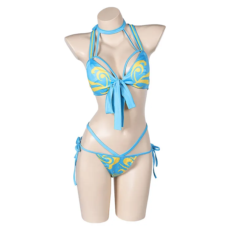 Street Fighter Chun Li Blue Printed Swimsuit Bikini Outfits Cosplay Costume Halloween Carnival Suit