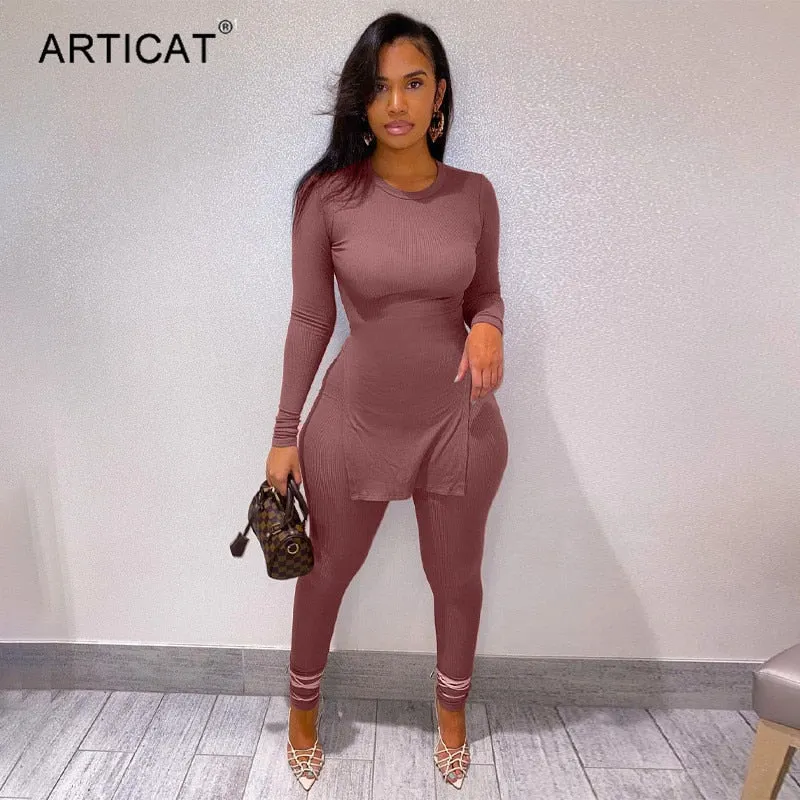 Articat Rib Knitted Casual Solid Two Pieces Sets Women Long Sleeve Sided Split T Shirt Long Pants Outfits Slim Tracksuit Female