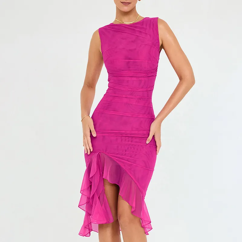 Brownm Brownm Women's Fashion Net Gauze Slim Show Back Solid Color Temperament Sexy Dress Female