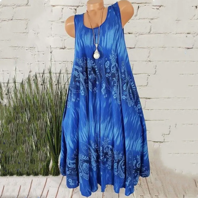 Brownm Temperament Commute Summer Digital Print Sleeveless Round Neck Dress