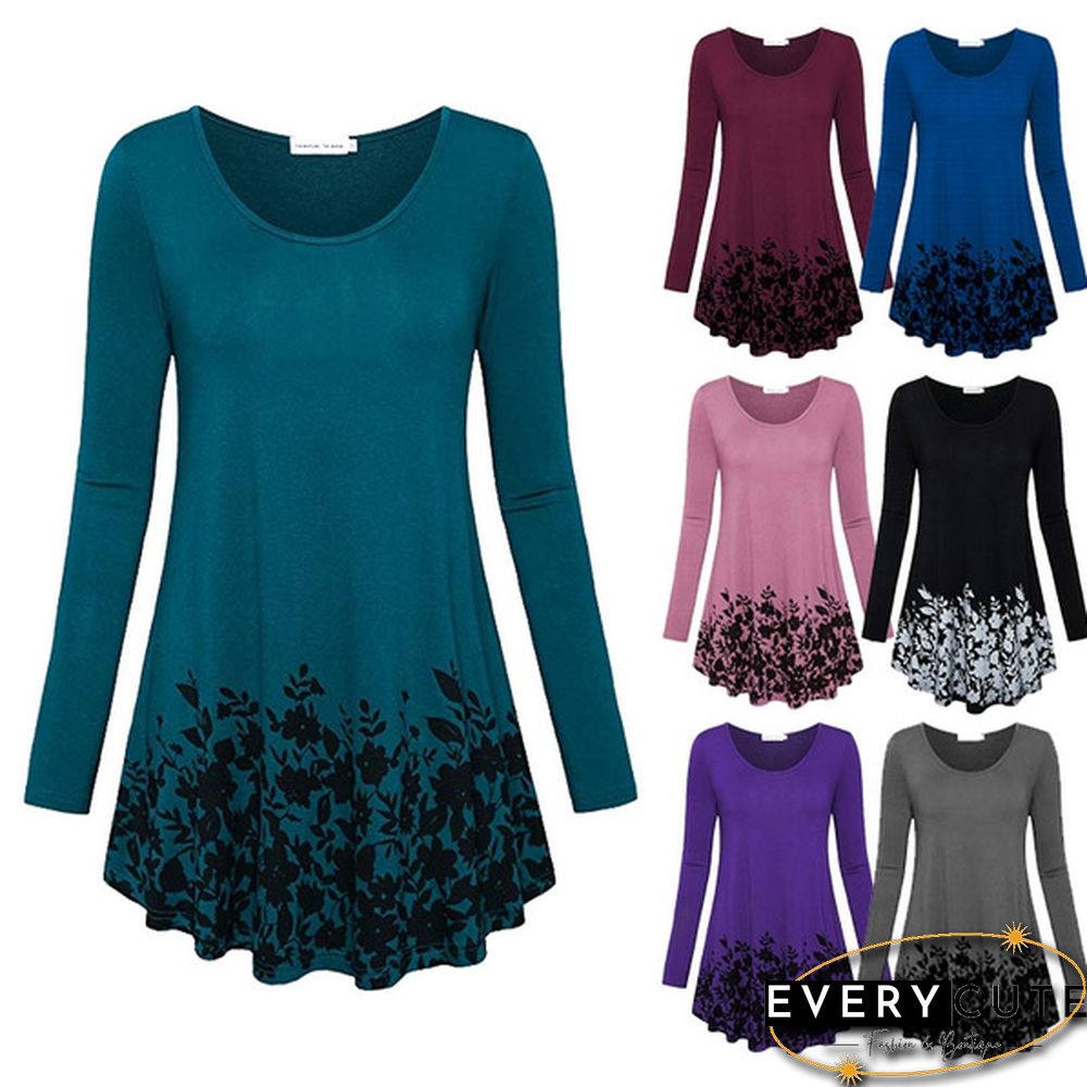 Women Autumn Fashion Floral Printed Tunics Women Basic Long Sleeve Casual Tops T-Shirt