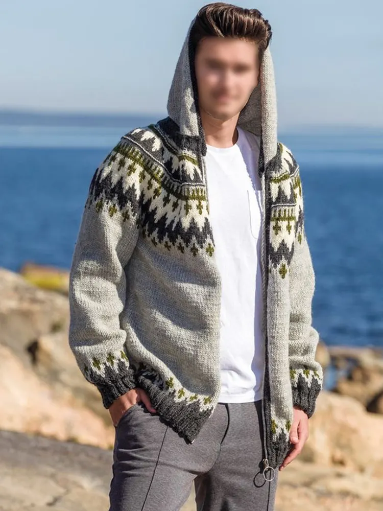 Graphics Iceland Jacquard Zipper Up Hooded Sweater