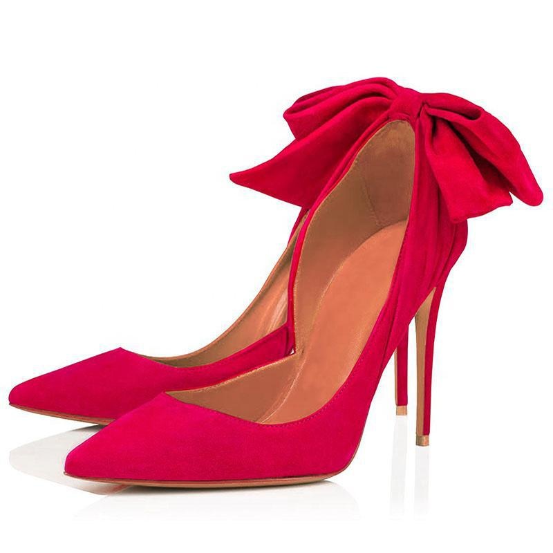 GOOSHOE Large Size Pointed Toe Heels Dress Shoes 12cm Womens High Heel Pumps With Bow
