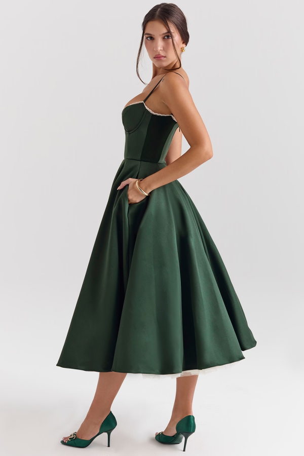 Green Spaghetti-Straps Evening Dress With Ivory Lining ZT0442