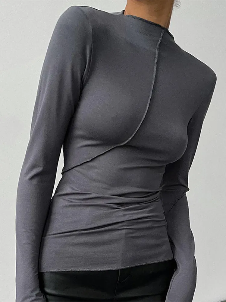Brownm Split Line Long Sleeve Half Turtleneck Tops