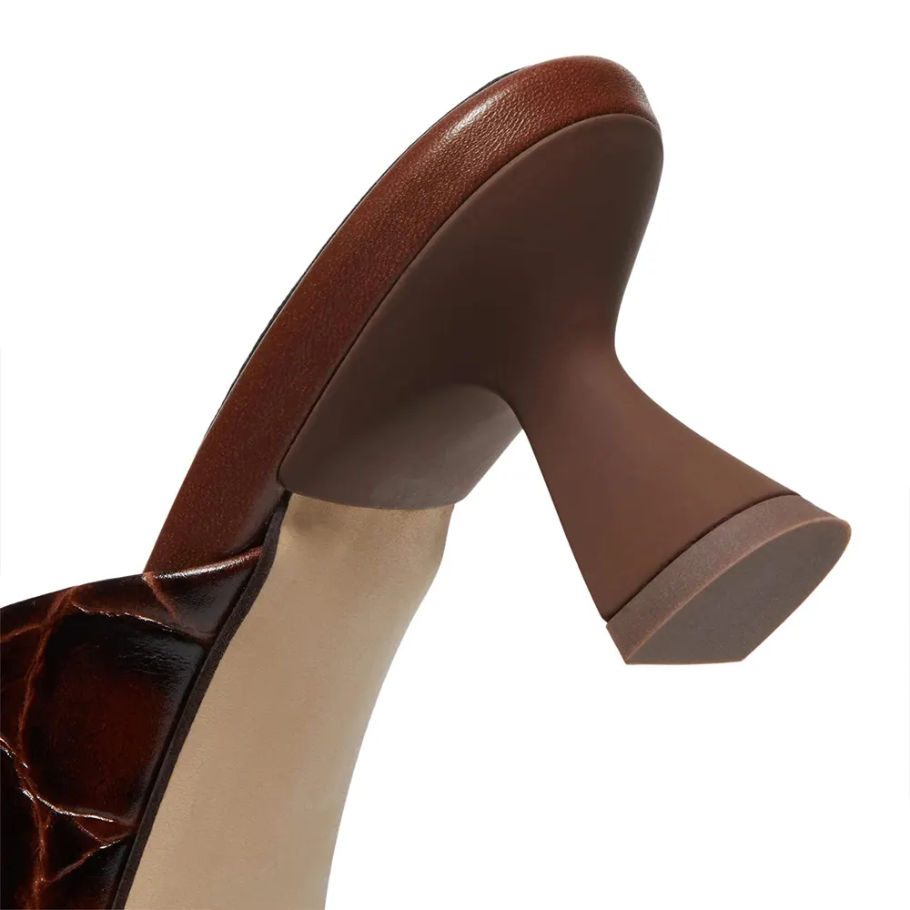 Brown Embossed Round Toe Wide Strap Mid Flared Heeled Mules