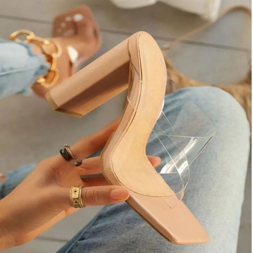2022 New Design Clip Toe Narrow Band Female Slippers Outdoor Fashion Block Heels Sandals for Women Slides Summer Shoes