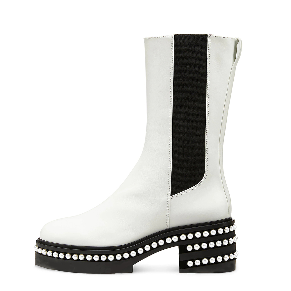White and Black Round-Toe Pearl Mid-Calf Chunky Chelsea Boots Women Nicepairs