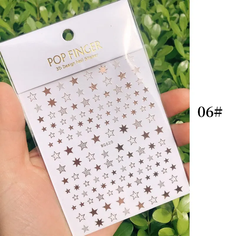 Star Nail Art 3D Stickers Black White Gold Love Hearts Pattern Nail Decals Manicures Nails Design Adhesive Wraps Tip Decoration