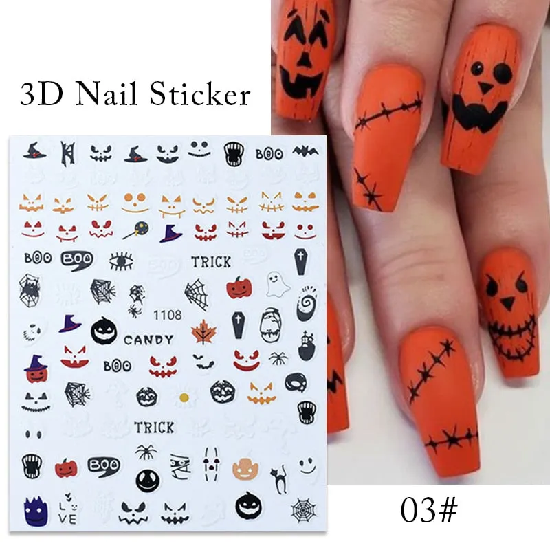1pcs Halloween Pumpkin Skull Design 3D Nail Stickers Geometry Christmas Snowflake Winter Slider Nail Foils Manicures Decoration