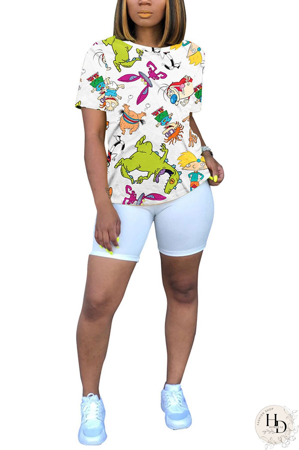 Blue White Blue Orange Yellow colour Polyester O Neck Short Sleeve Patchwork Print Character Tops