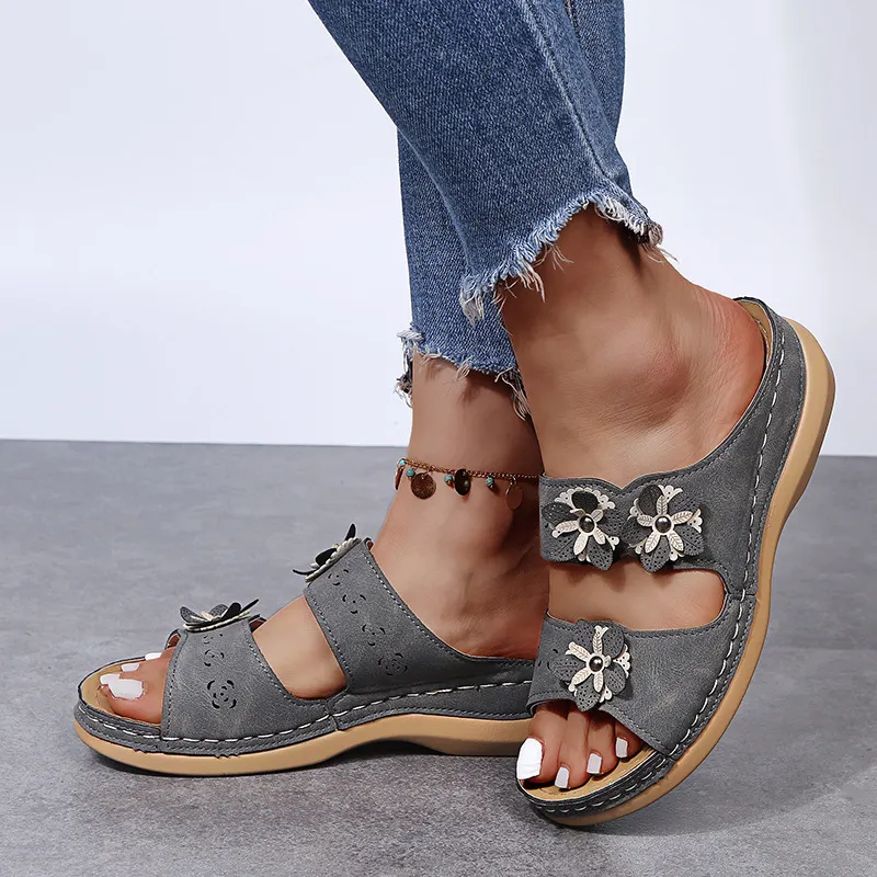 Qengg Summer New Flower Car Sewing Solid Light Mouth Round Head Casual Fashion Lady Flat Sandals