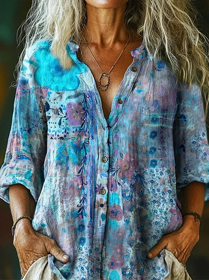 Women's Vintage Watercolor Flower Collage Art Print Casual Cotton And Linen Shirt