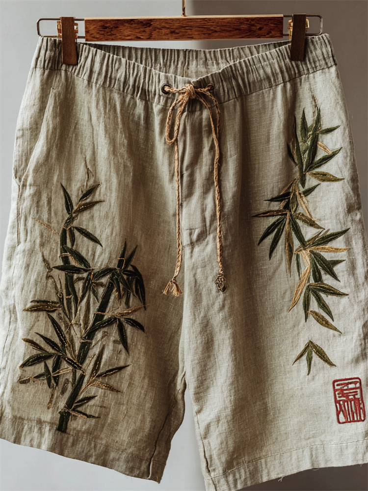 Vintage Japanese Bamboo Embroidered Linen Shorts  artssus