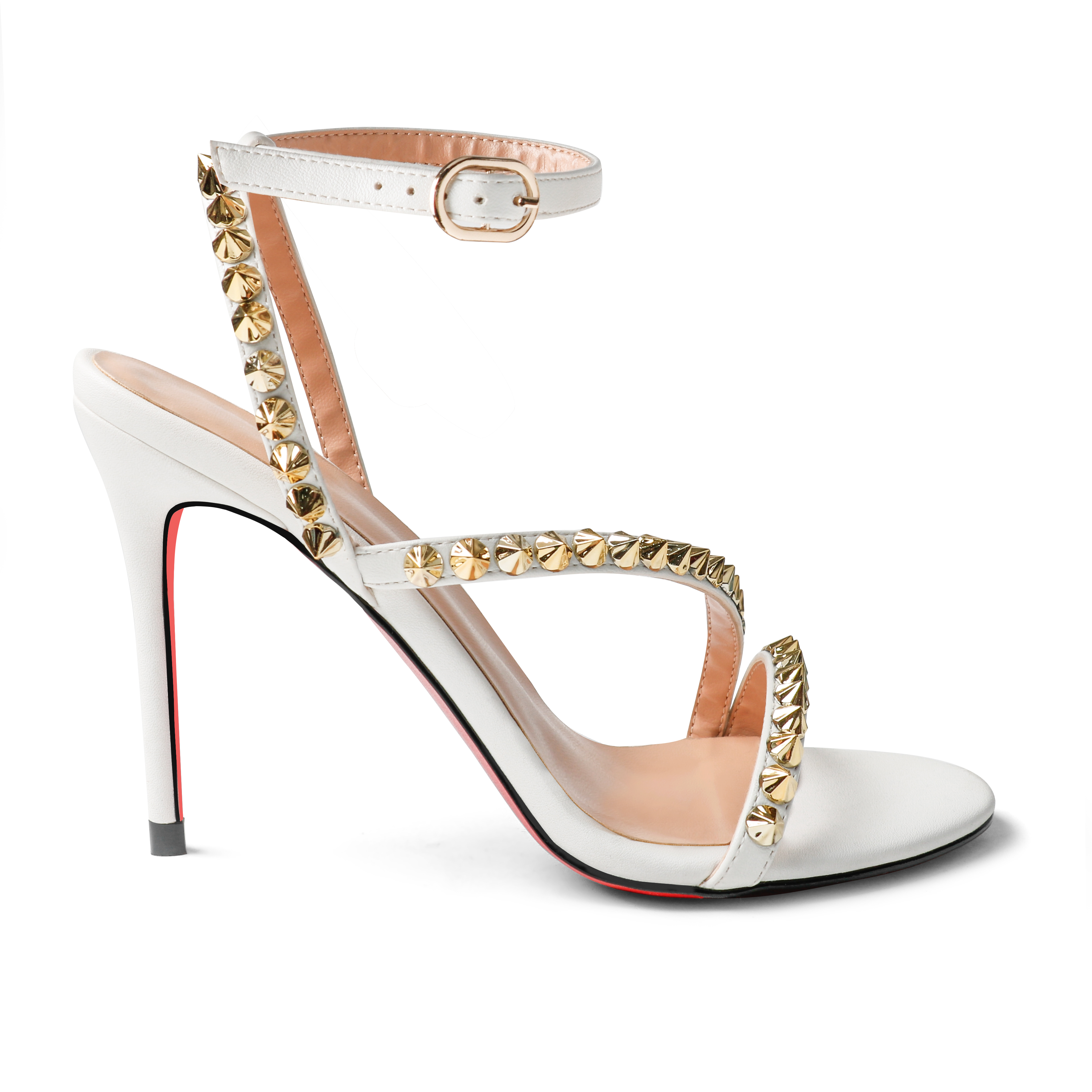 100mm Women Slingback Open Toe Rivets Sandals Ankle Buckle High Heel Summer Red Bottoms Shoes-MERUMOTE