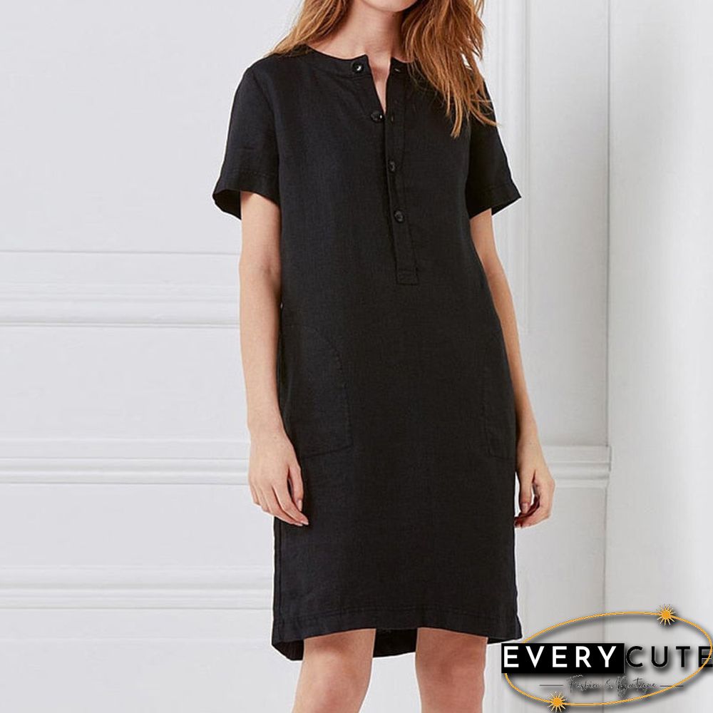 Spring Cotton Linen Dress Fashion Button O-Neck Knee Party Dress Summer Women Casual Short Sleeve Pocket Solid Dresses