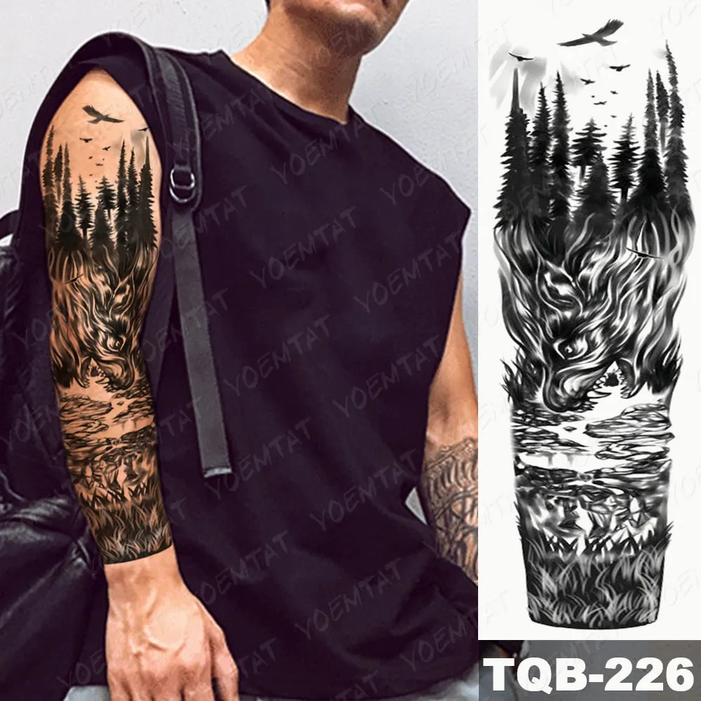 Large Arm Sleeve Tattoo Bird Crow Forest Moon Waterproof Temporary Tatto Sticker Lion Wolf Clock Body Art Full Fake Tatoo Men