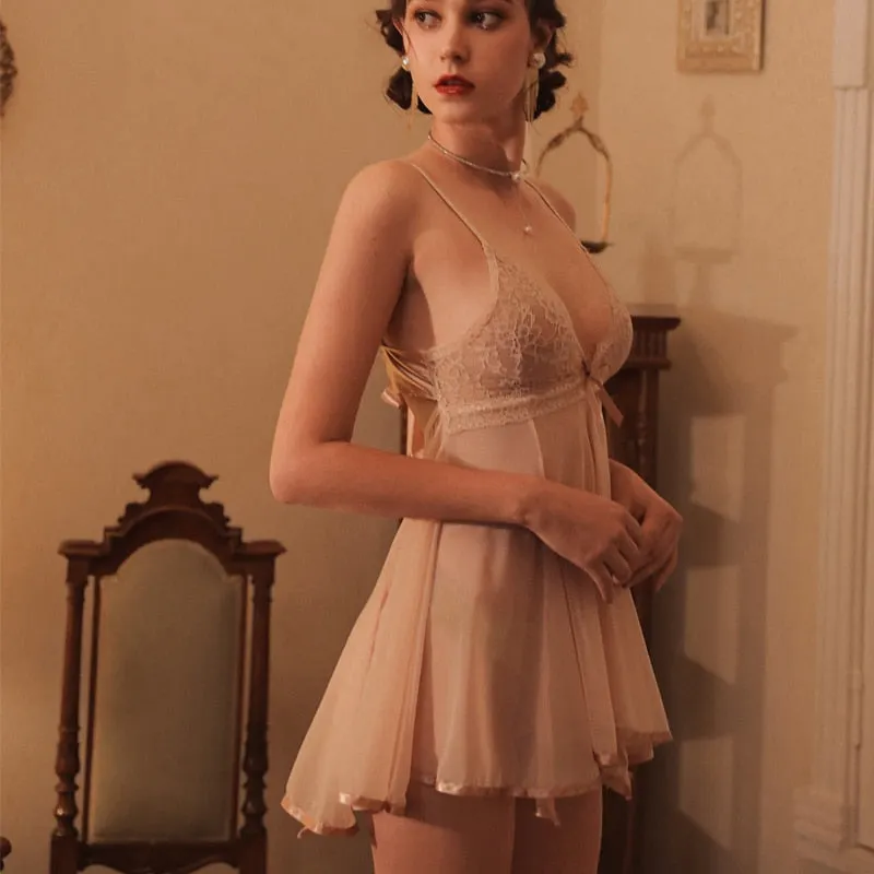 Summer Women Sleepwear Sexy Nightdress Lace-up Bow Beauty Back Sexy Nightgown Gauze Mesh Nightgowns with Panty Lingerie Dress