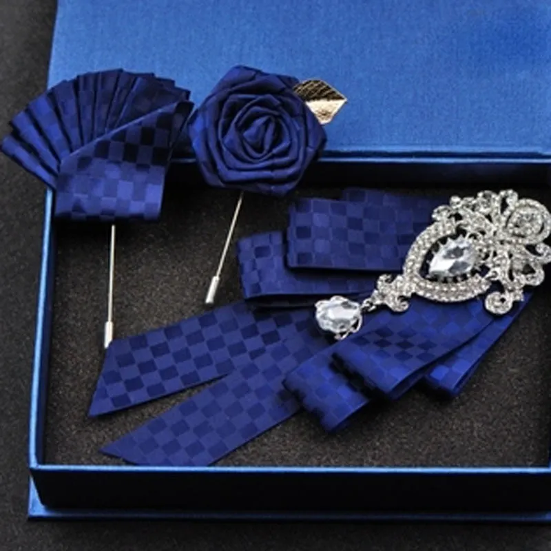 High-quality Fashion Handmade Red Diamond Bow Tie Wedding Collar Bowtie Brooch Pocket Towel Square Set Gifts for Men Accessories