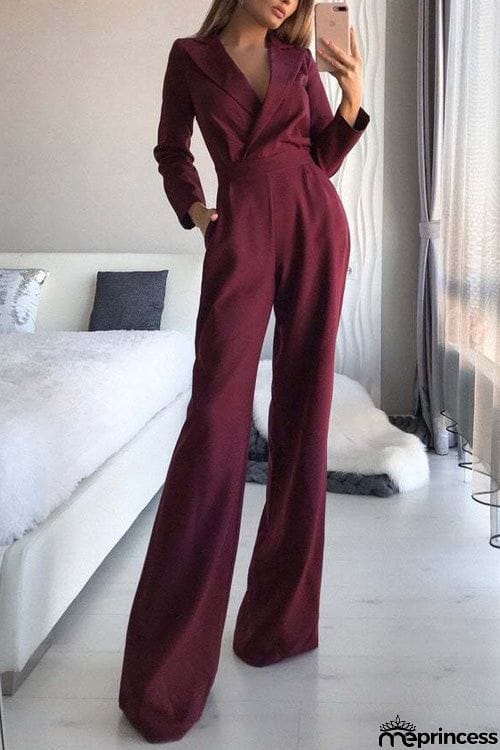 Fashion Suit Collar Long Sleeve Jumpsuit