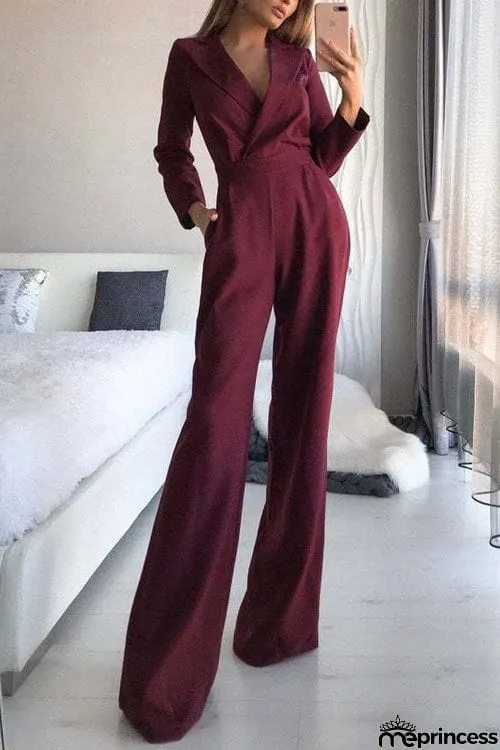 Fashion Suit Collar Long Sleeve Jumpsuit