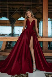 sachin and babi light blue dress Emerald Green V-Neck Prom Dress Long With Split PD0652 main image 1