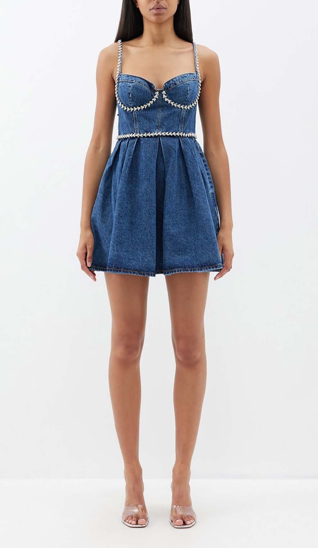 Crystal-Embellished Denim Mini Dress In Blue Flowering Girl