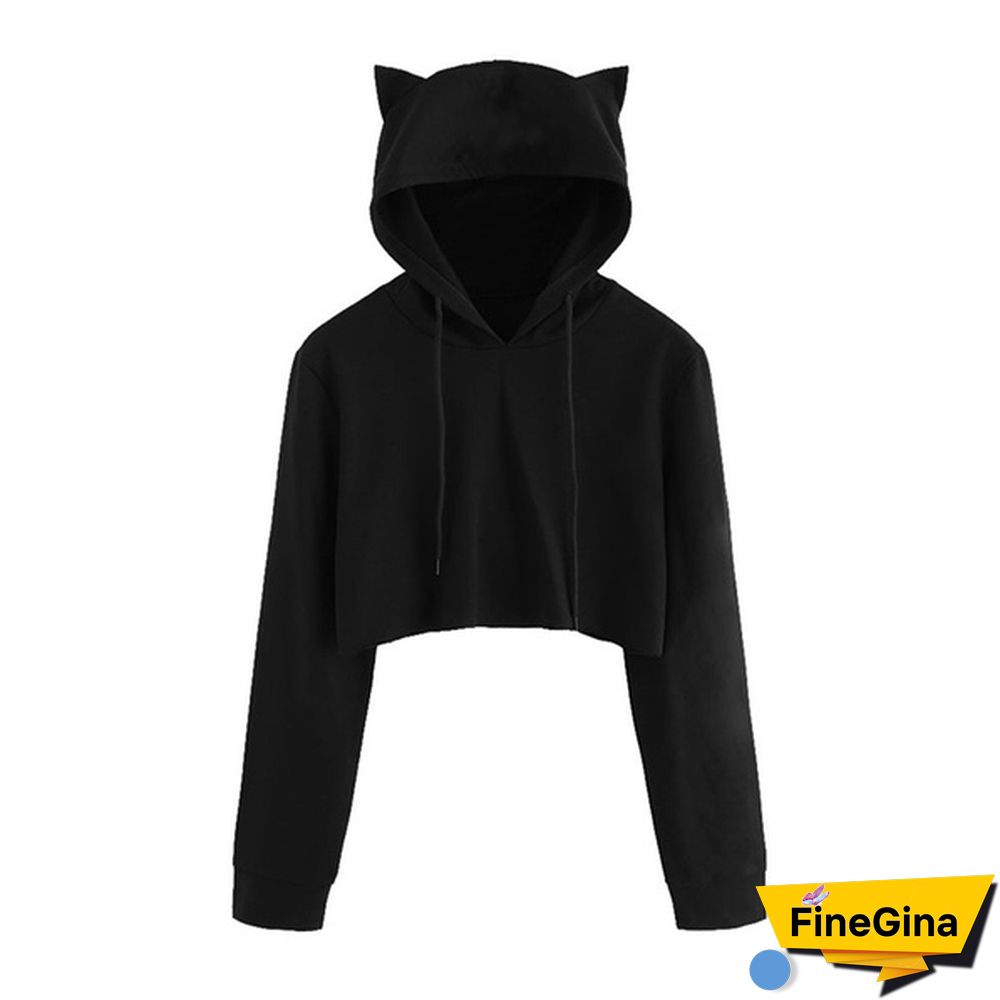 Cute Womens Sweatshirts Hoodie Crop Tops Solid Cat Ear Long Sleeve Cropped Sweatshirt Hooded Pullover