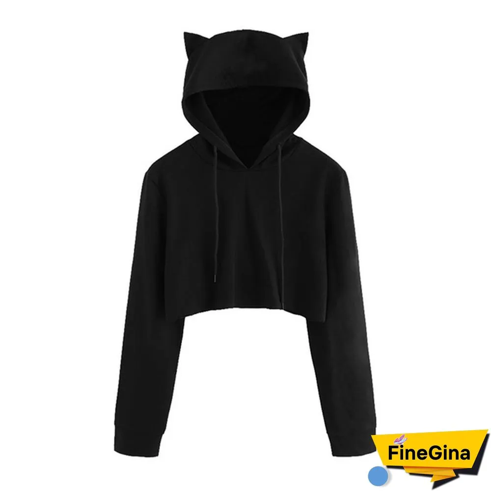 Cute Womens Sweatshirts Hoodie Crop Tops Solid Cat Ear Long Sleeve Cropped Sweatshirt Hooded Pullover