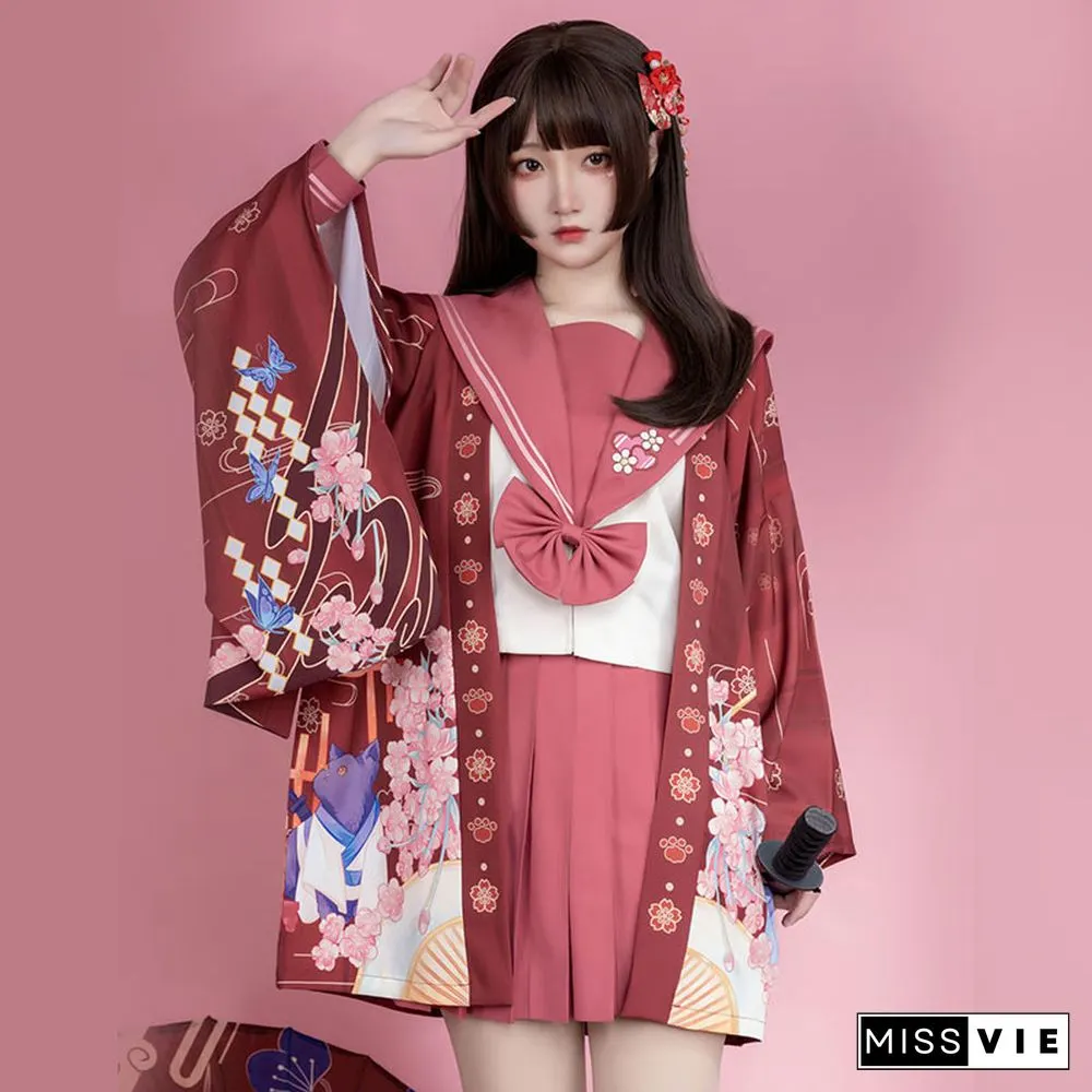 Cartoon Cat Print Loose Cardigan Kimono Outerwear