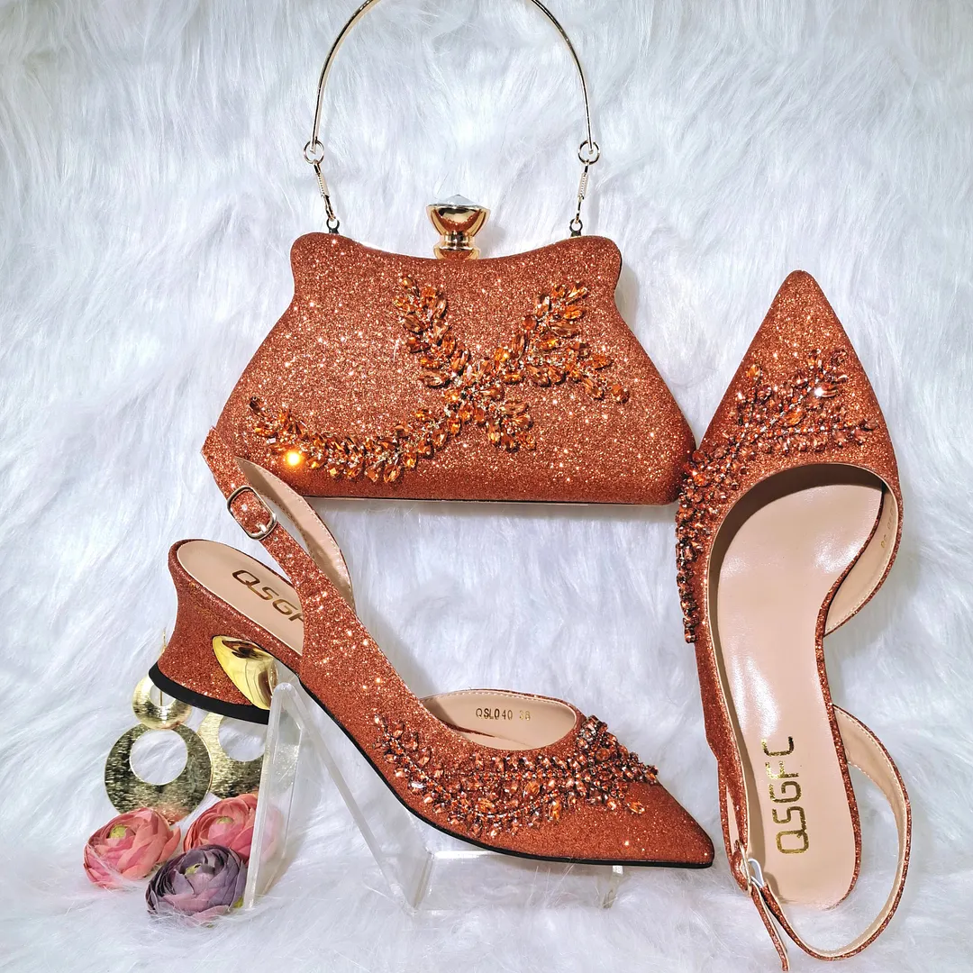 QSGFC 2022 Peach Color Shaped Mid-heel Design Shoes Popular Pointed Ladies Shoes And Bags African Wedding Party Shoes With Bag