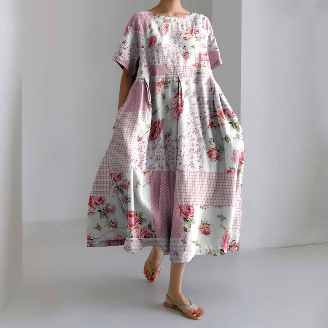 Squares Patchwork Pink Floral Print Loose Midi Dress