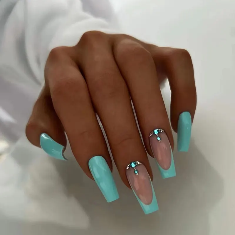 Churchf Churchf And Long Lake Blue Dripping Diamond Nail Flash Pure Color Fake Nails Fashion Luxury Diamond Wear Armor Finished Products