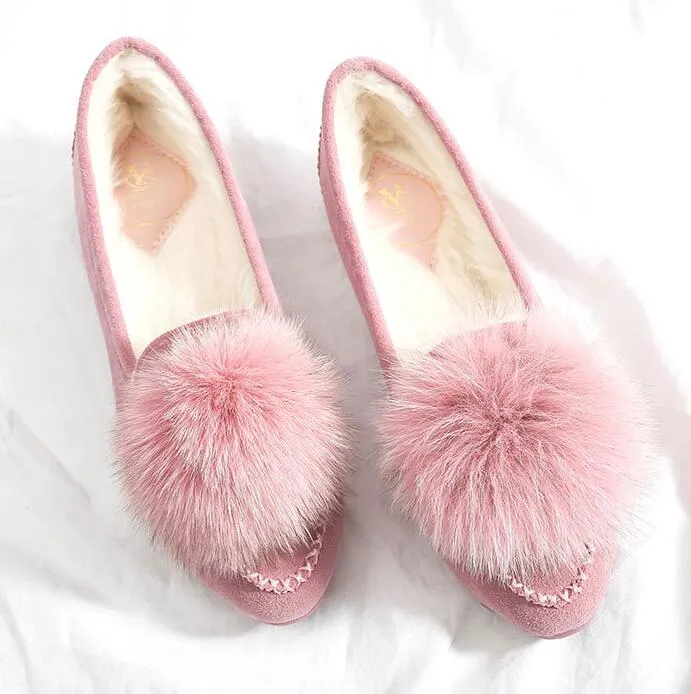 Cute pompom winter fur flat loafers women 9.5/10 espadrilles 2019 new arrival ballet flats slip on creepers comfort moccasins
