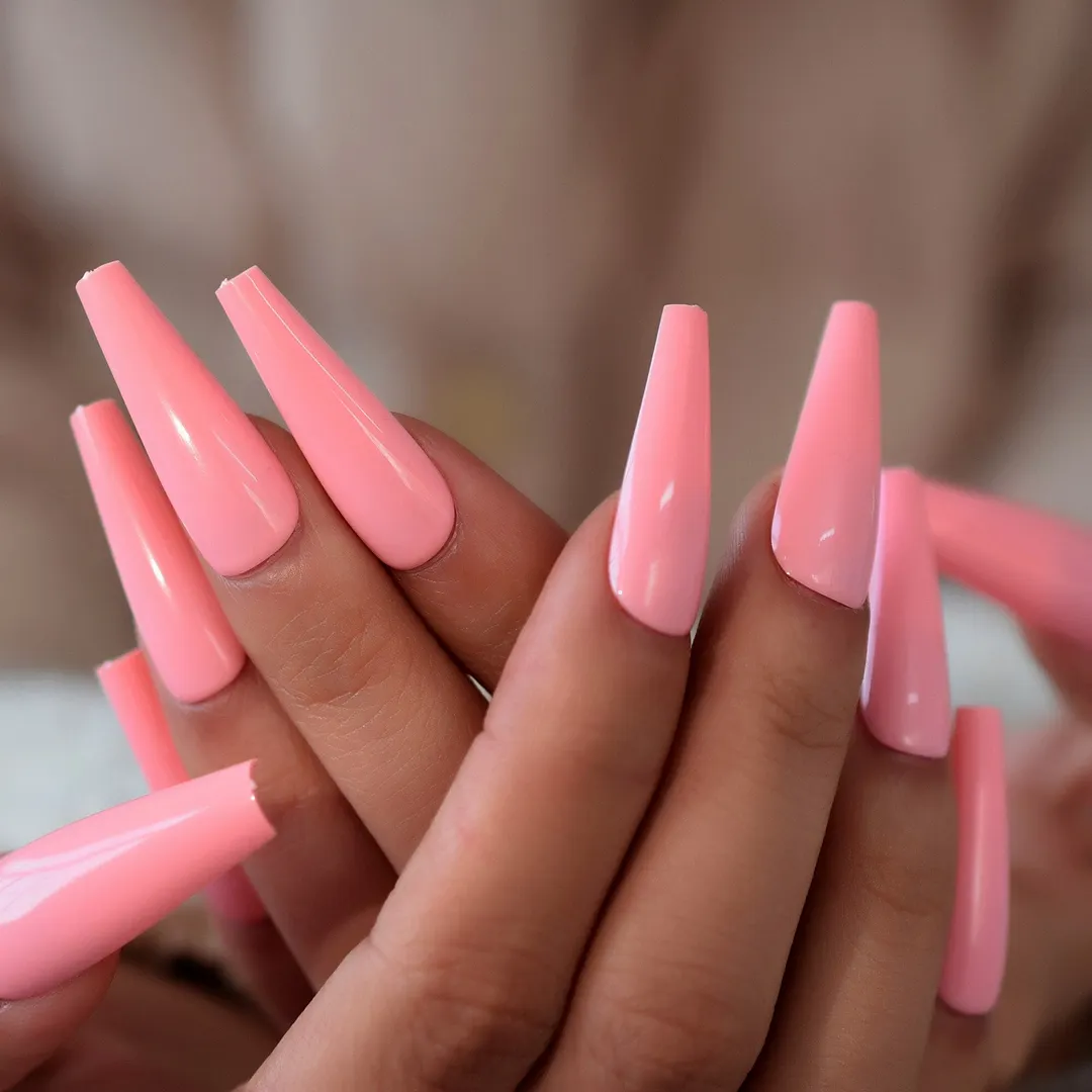 Super Long Acrylic Nails Coffin Pink Press-ons Rose Flowers Fake Nails Ballerina Gel False Nails Tips French Manicure-Nail Inspo
