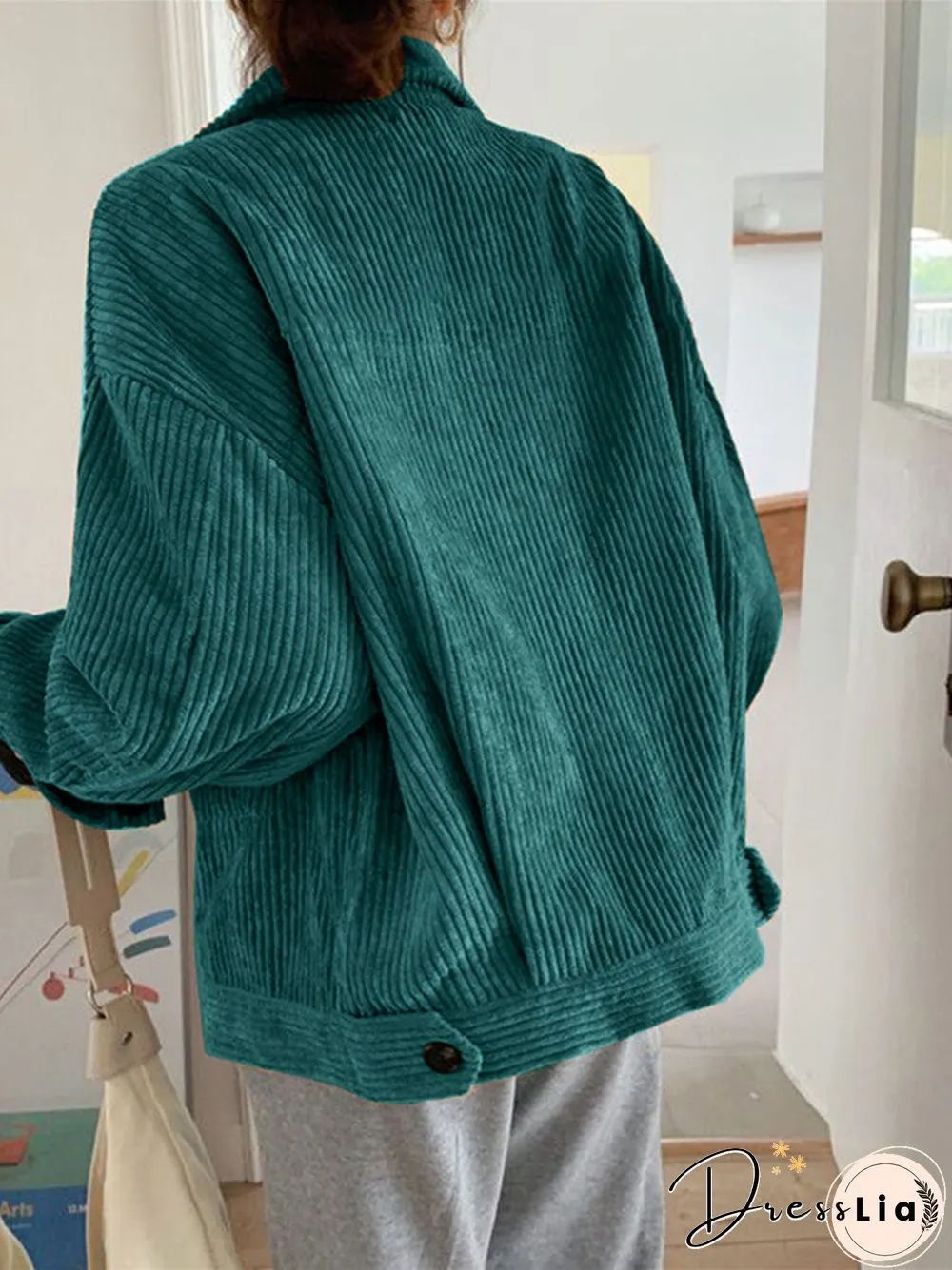 Corduroy Solid Pocket Button Loose Long Sleeve Lapel Jacket