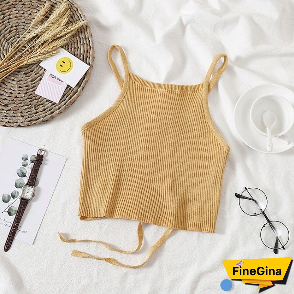 Women Crop Top Knitted Bandage Tops Spaghetti Club Camis Halter Tank Top Female Bare Midriff Solid Camisole Summer