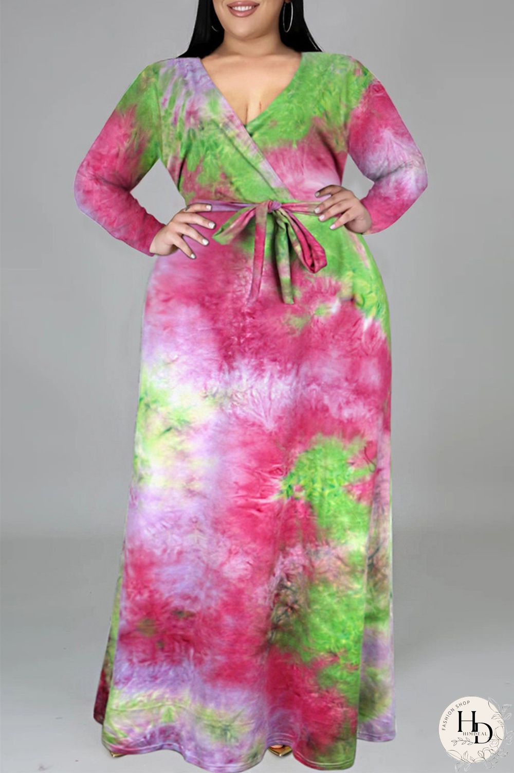Colour Fashion Casual Print Tie-dye V Neck Long Sleeve Plus Size Dress
