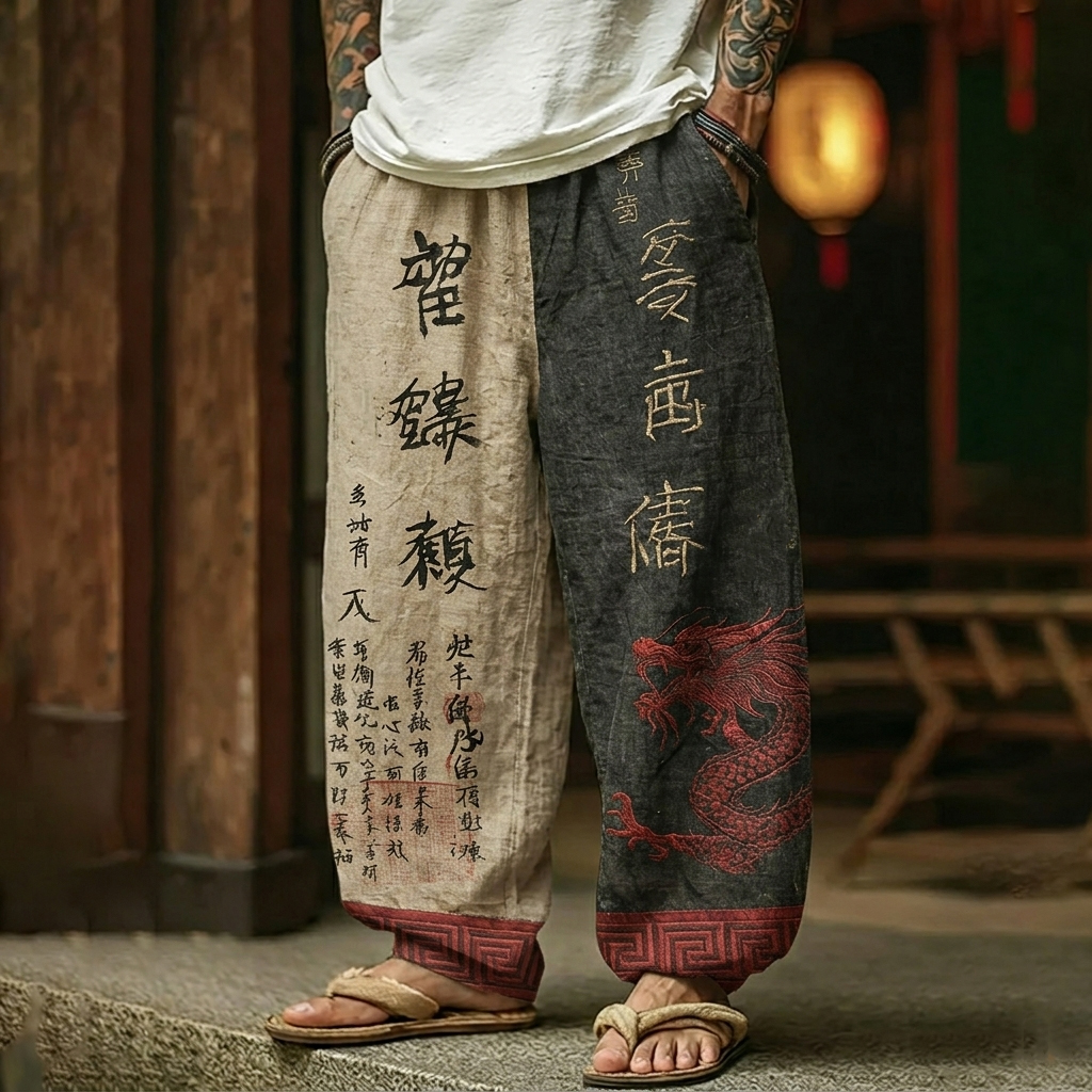 Men's Retro Japanese Calligraphy And Dragon Art Pattern Linen Blend Pants artswardrobe