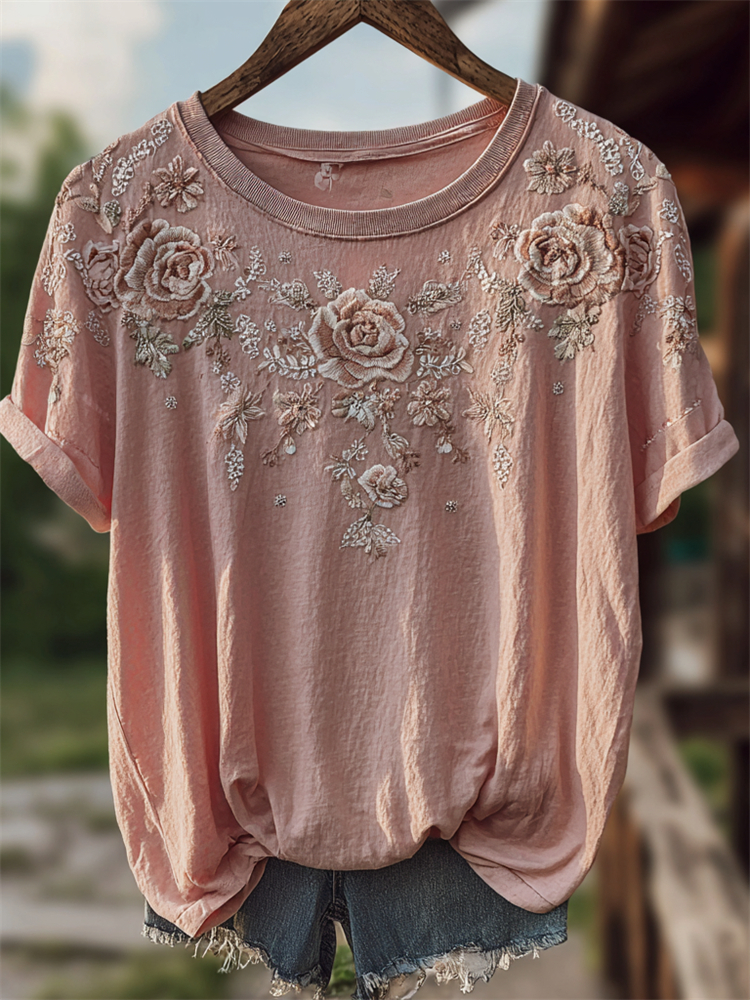 Comstylish Vintage Cottagecore Pink Roses Art Comfy T Shirt