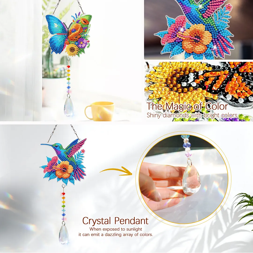 2Pcs Butterfly Hummingbird DIY Double-Sided Diamond Painting Hanging Kits Diamond Painting Suncatcher Craft Kit for Home Garden Wall Decor Gift