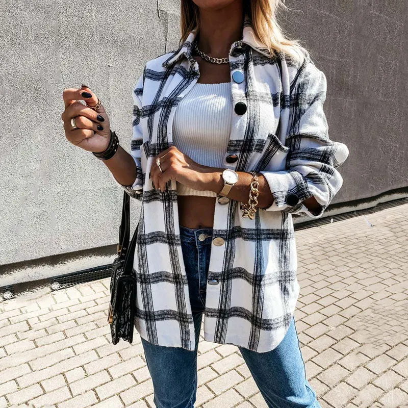 65% Cotton Autumn Plaid Jacket Women Overshirt Loose Winter Checkered Jacket Female Long Sleeve Shirt Jacket For Women 2021