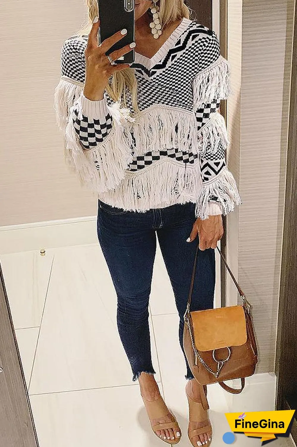 V Neck Long Sleeve Fringed Sweater P16126