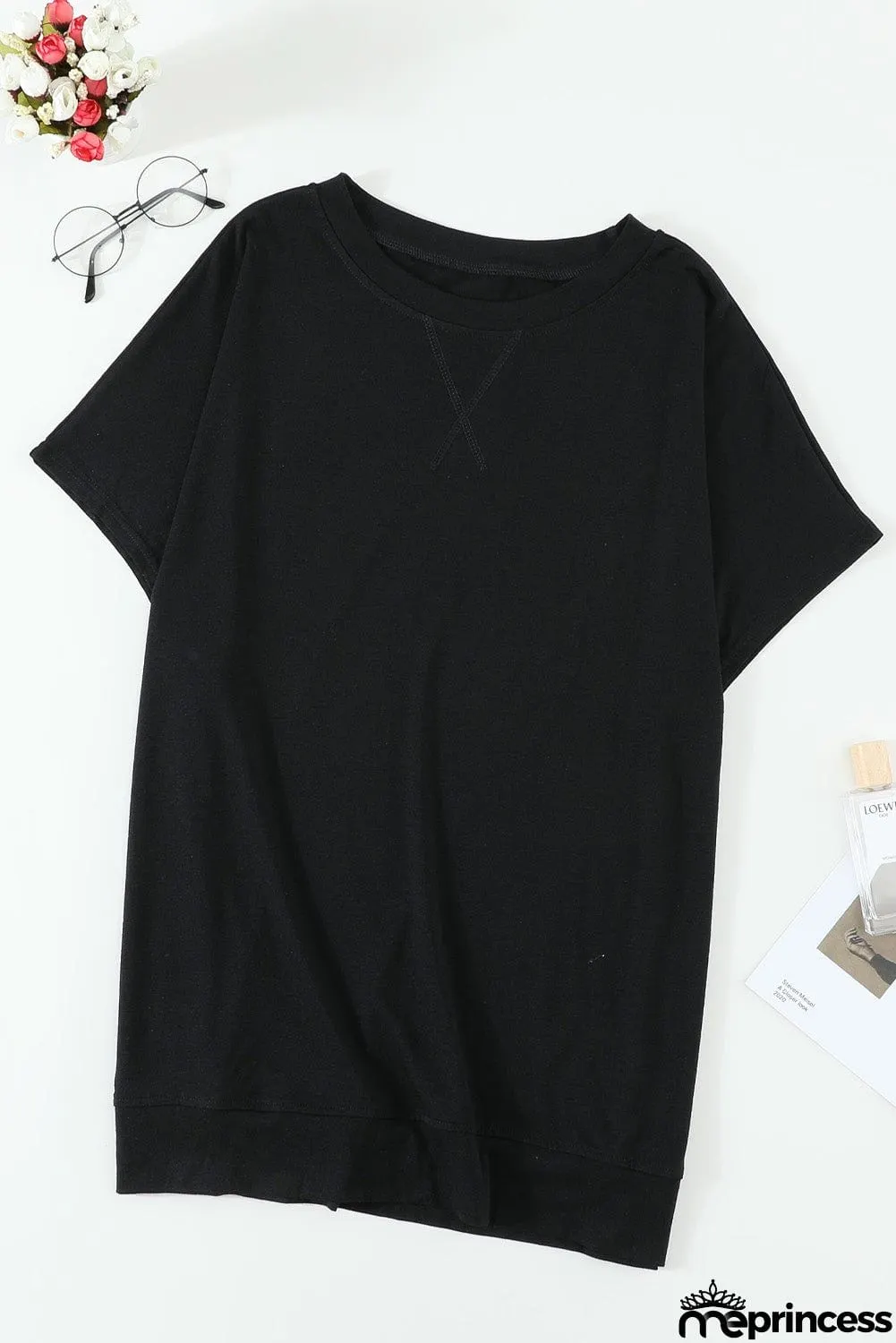 Round Neck Short Sleeve Solid Color Tee